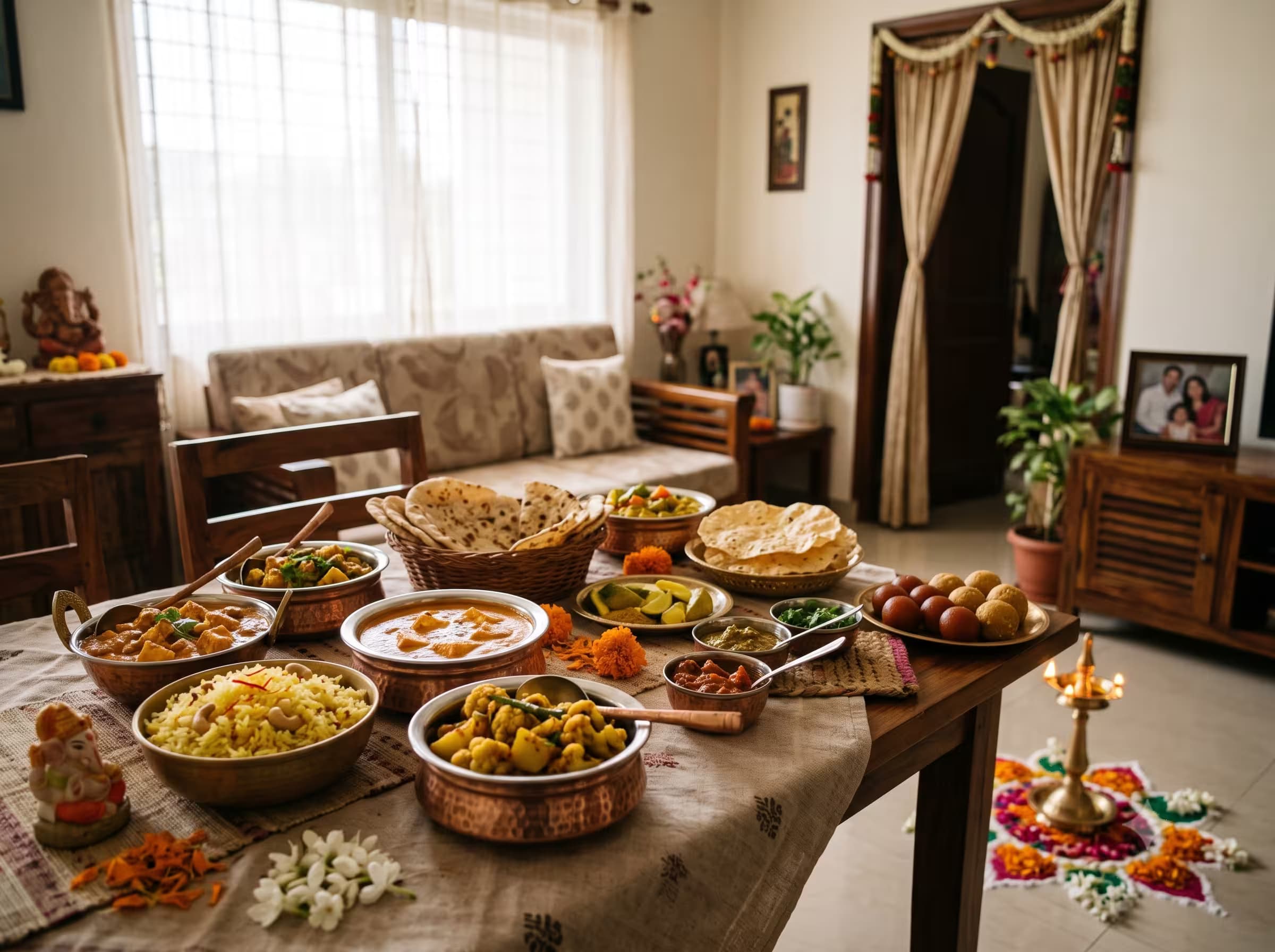 Housewarming function catering spread at a home