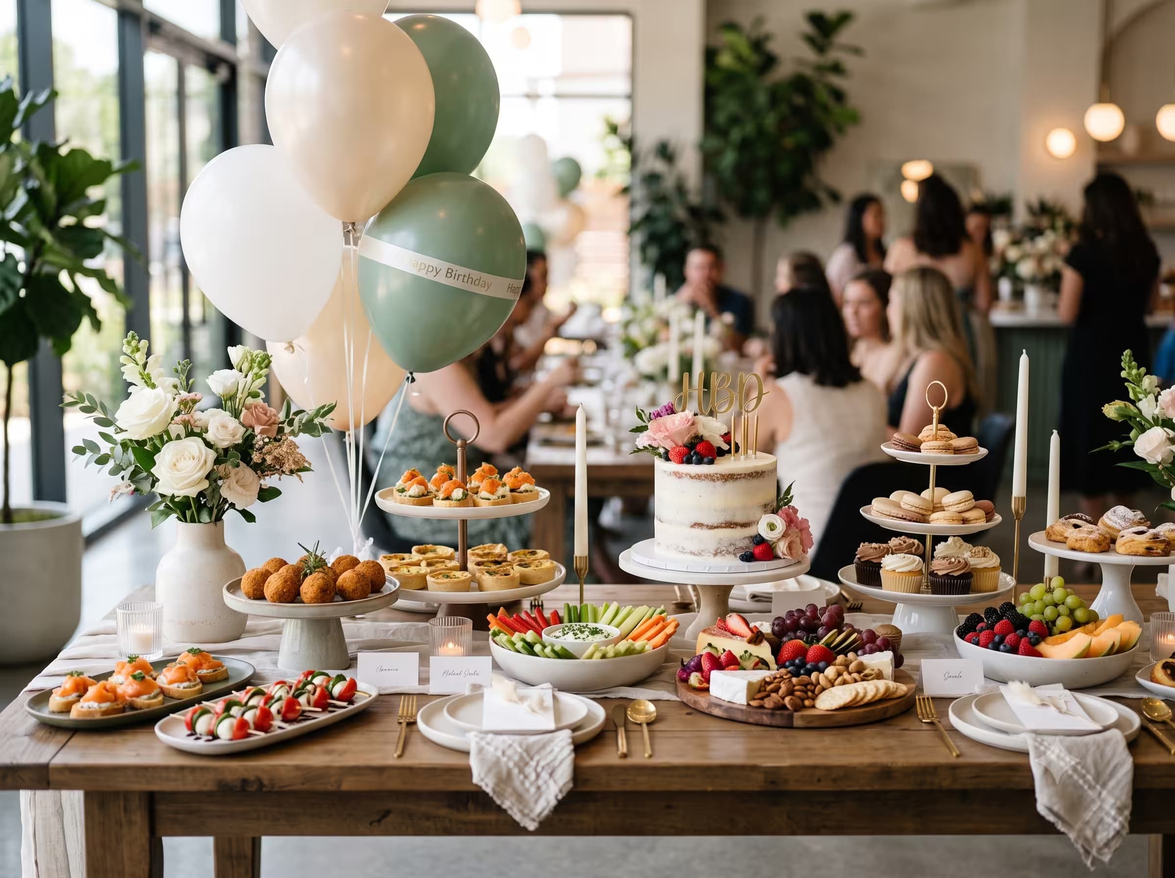 Birthday party catering table with snacks and desserts