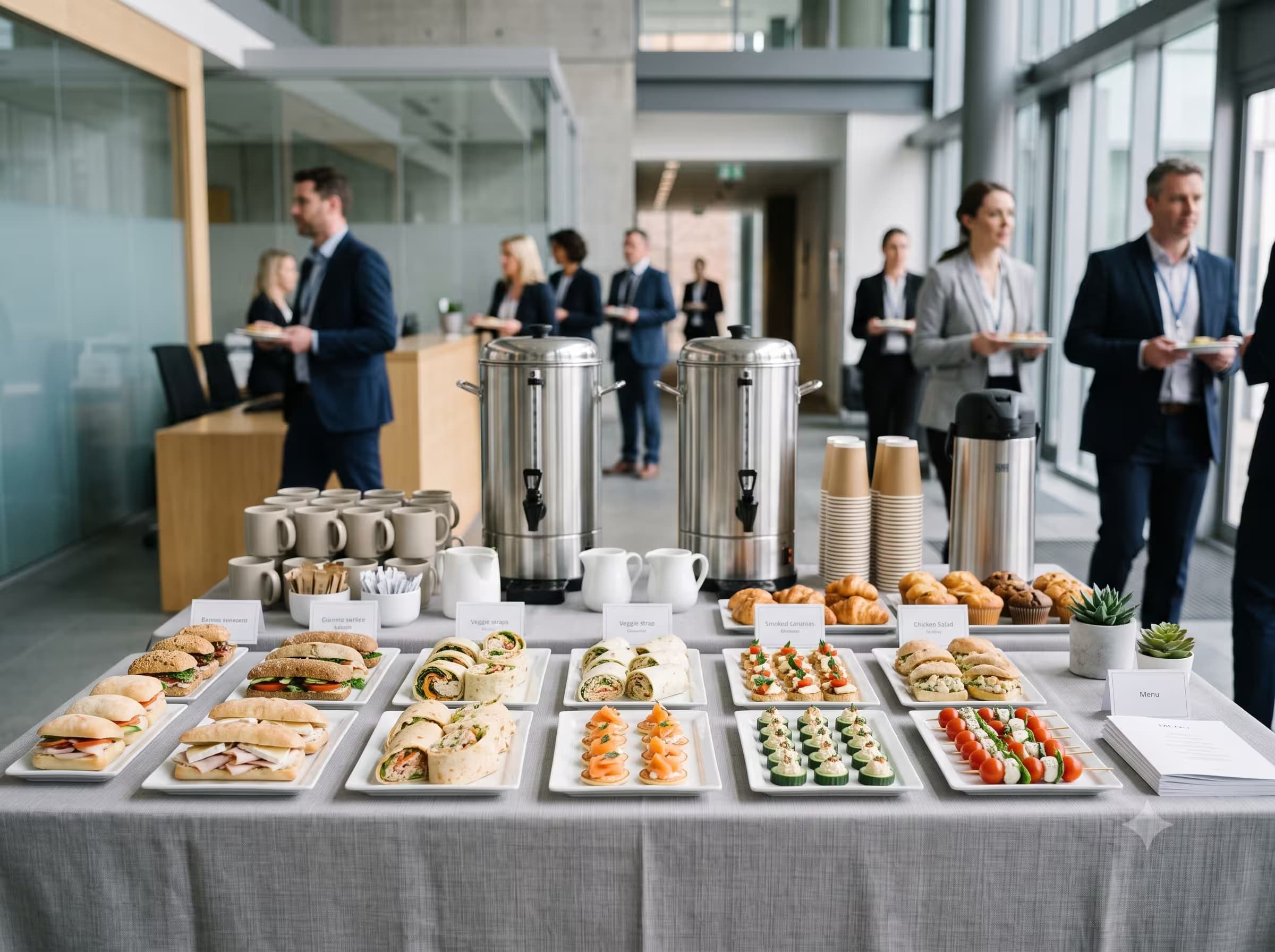 Corporate event catering counter with refreshments